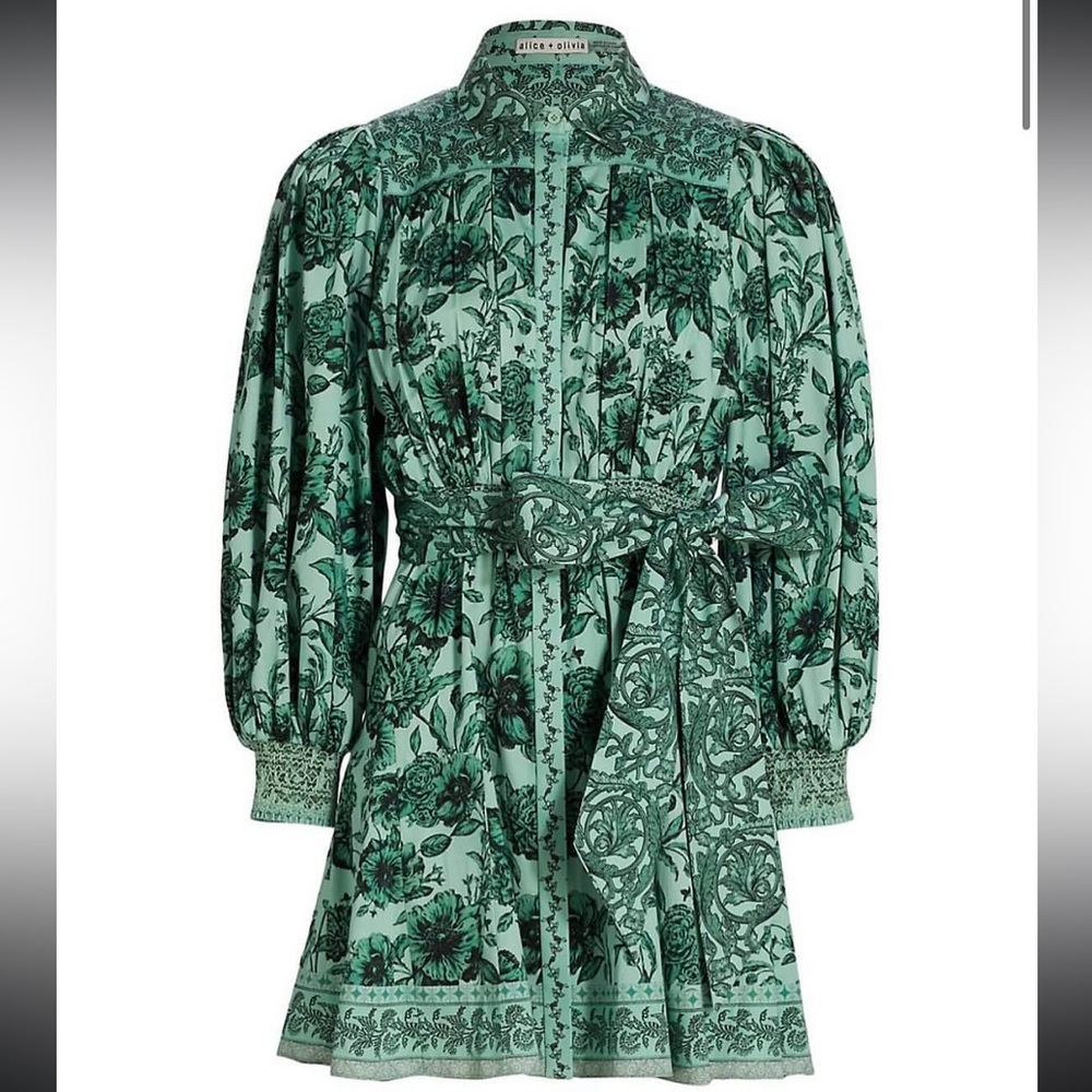 Alice + Olivia Green Belted Long Sleeve Mini Dress